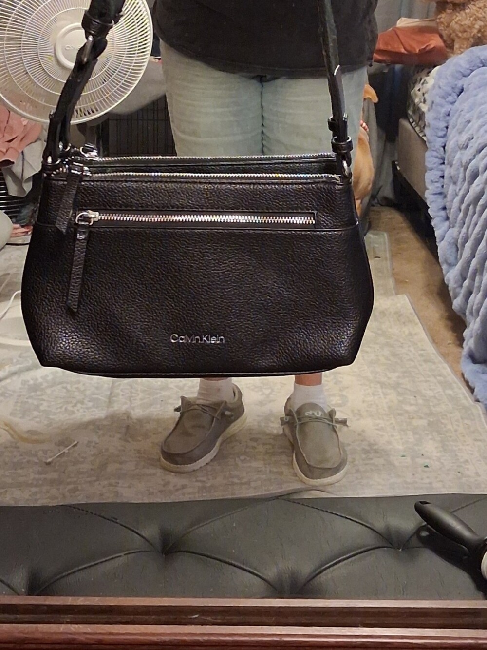 Calvin Klein Black Pebbled Leather Crossbody with Front Zip Plus Size Friendly